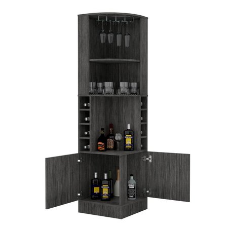 Tuhome Syrah Corner Bar Cabinet, Eight Bottle Cubbies, Double Door, Two Open Shelves, Smokey Oak BLI6548